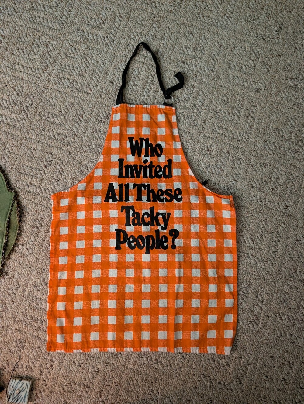 Vintage 70s Apron Kitschy Hostess Joke Novelty Gingham Plaid Orange White Vtg